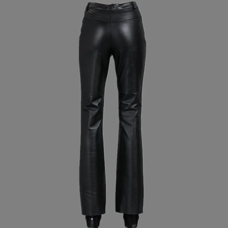 Pantaloni da donna in pelle, vita media, svasati, vera pelle di pecora, pantaloni da ufficio, taglie forti, pantaloni casual in pelle, primavera e autunno