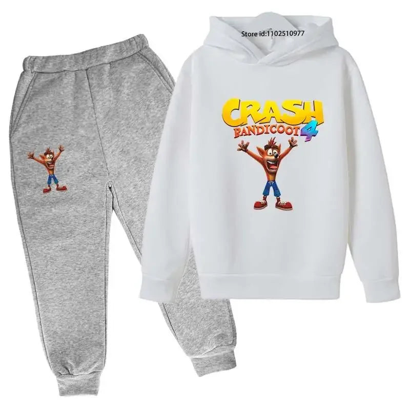 Completo per bambini con felpa con cappuccio e pantaloni a tema Crash Bandicoot, ideale per primavera e autunno, taglie 3-13 anni, abbigliamento casual per bambini e bambine.