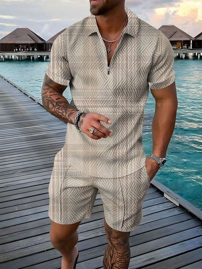 Completo estivo vintage casual a righe con stampa 3D, composto da polo, polo con cerniera e colletto, pantaloncini con cerniera, stile vacanze hawaiane da uomo.