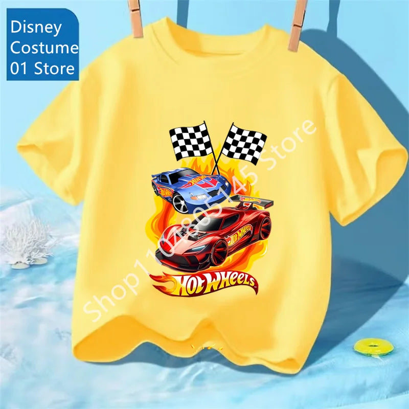 Maglietta per ragazzi, abbigliamento per bambini, magliette con stampa di auto Hot Wheels Race, top grafici, maglietta gialla per bambini, taglie da 8 a 12 anni.