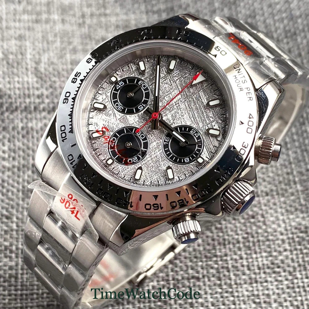 Orologio cronometro Tandorio da uomo, 39 mm, movimento al quarzo VK63, quadrante grigio, vetro zaffiro, cronografo completo, bracciale in acciaio inossidabile 316L, cinturino in gomma.