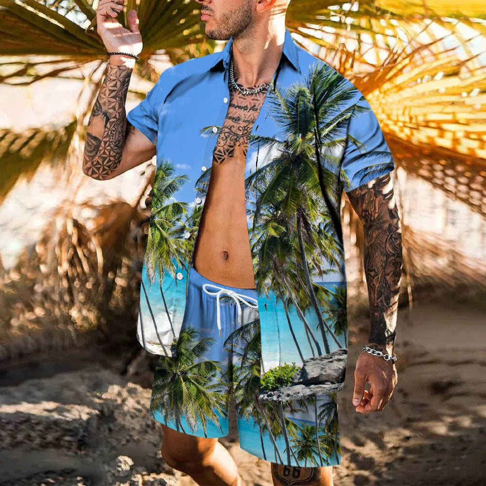 Completo da spiaggia hawaiano da uomo, 2 pezzi: camicia con stampa 3D, maniche corte, pantaloncini da spiaggia, camicia casual, set due pezzi alla moda per le vacanze.