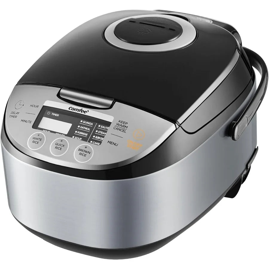 Cuociriso portatile antiaderente da 12 tazze cotte e 6 tazze crude con tecnologia Fuzzy Logic, timer di ritardo di 24 ore, 11 preimpostazioni per la cottura a vapore