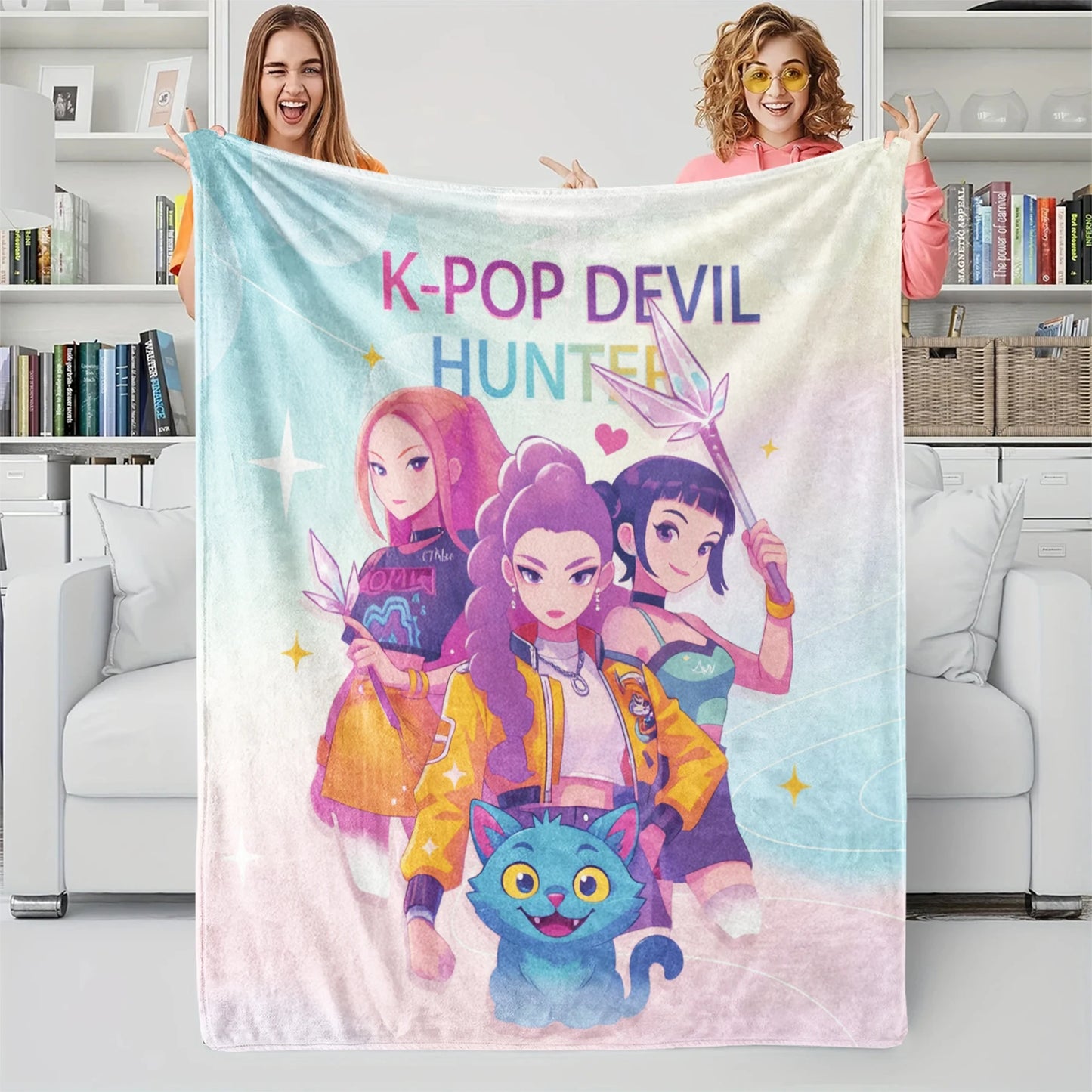 1pcs Cute Huntrix Cat K Pop Flannel Blanket Cozy Throw For Girls Bedroom Holiday Use