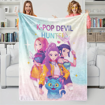 1 coperta in flanella con motivo gatto Huntrix, ideale per la camera da letto delle ragazze o per le vacanze.