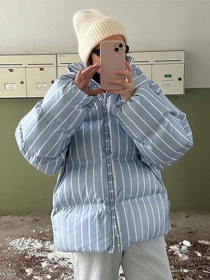 2025 Winter Striped Women's Hooded Quilted Jacket Thicken Zipper Long Sleeve Short Coat New Casual Female Loose Warm Outerwear