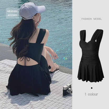 Pure Color Swimwear Women's Sleeveless Sexy Backless Thermal Spring Skirt Style Swimming Suit High Elasticity Wear Resistant