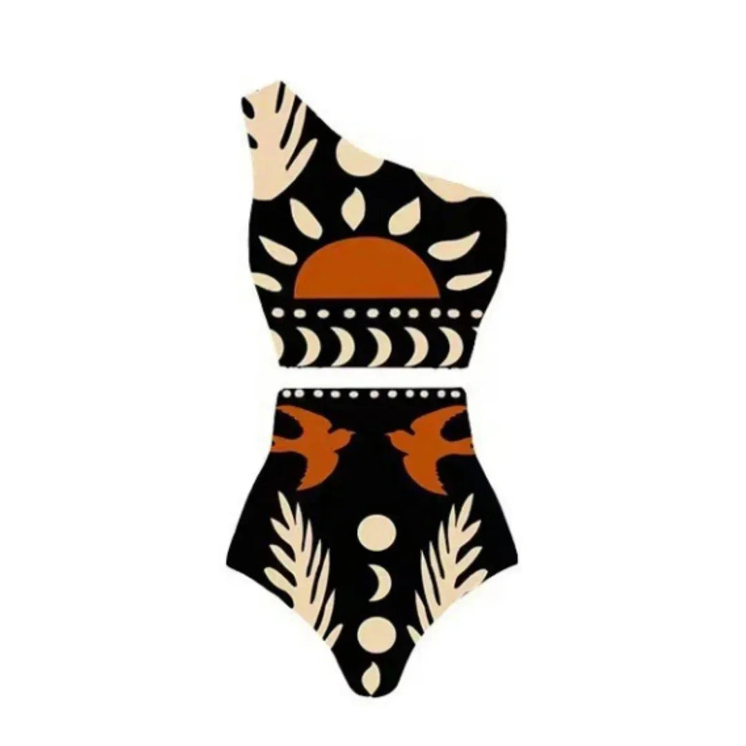Sexy Bird Print Mesh High Waist Bikini 3 Pieces Sets Women Fashion Hollow Out One Pieces Swimwear 2024 New Beach Sarong Monokini