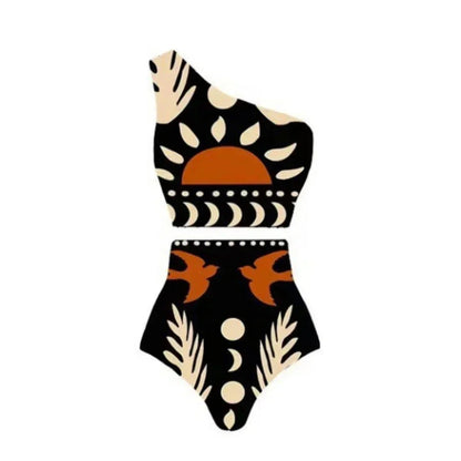 Sexy Bird Print Mesh High Waist Bikini 3 Pieces Sets Women Fashion Hollow Out One Pieces Swimwear 2024 New Beach Sarong Monokini