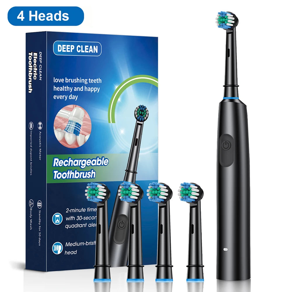 Electric Rotating Toothbrush Deep Clean Whitening Teeth for Adult Ultrasonic Toothbrush with 4/8pcs Refill Replacement Heads