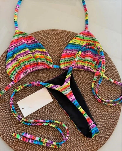 RUOTONSEPT Lettere Stampate Colorate Mini Perizoma Bikini Donna Costume da Bagno Femminile Due Pezzi Bikini Set Costume da Bagno