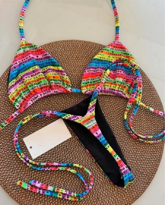 RUOTONSEPT Lettere Stampate Colorate Mini Perizoma Bikini Donna Costume da Bagno Femminile Due Pezzi Bikini Set Costume da Bagno
