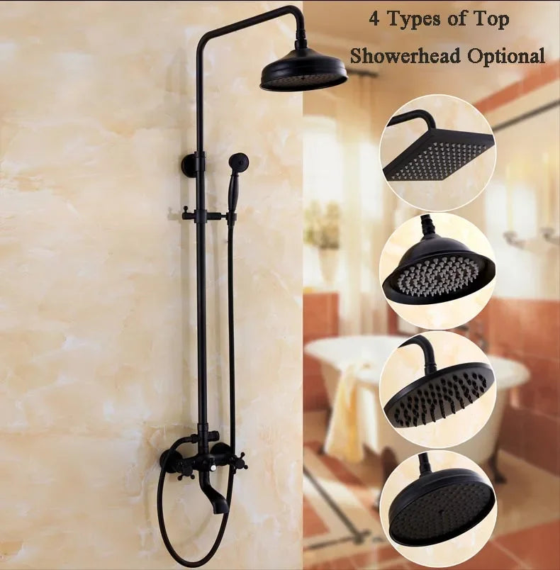 Bathroom Antique Black Painting Brass Lifting Column Wall Mount Shower Set 8" 3-Functions Hot Cold Rainfall Shower Mixer Tap