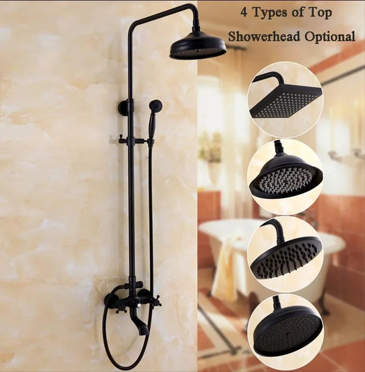 Bathroom Antique Black Painting Brass Lifting Column Wall Mount Shower Set 8" 3-Functions Hot Cold Rainfall Shower Mixer Tap