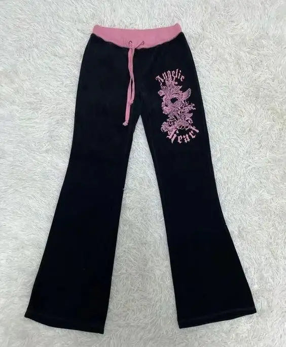 Pink-black patchwork color ribbon drawstring pattern printed pants slim-fit with Y2K Gothic street fashion hip hop rock Harajuku