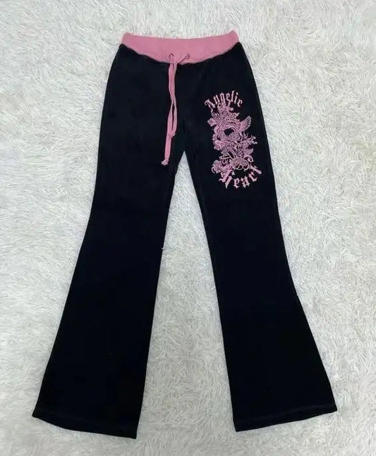 Pink-black patchwork color ribbon drawstring pattern printed pants slim-fit with Y2K Gothic street fashion hip hop rock Harajuku