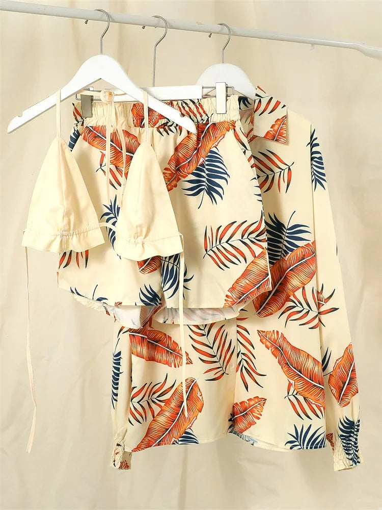 Three Pieces Swimwear Sexy Beachwear 2024 New Bathing Suit Shorts Cover Up Summer High Waist Bikini Set Print Women's Swimsuit