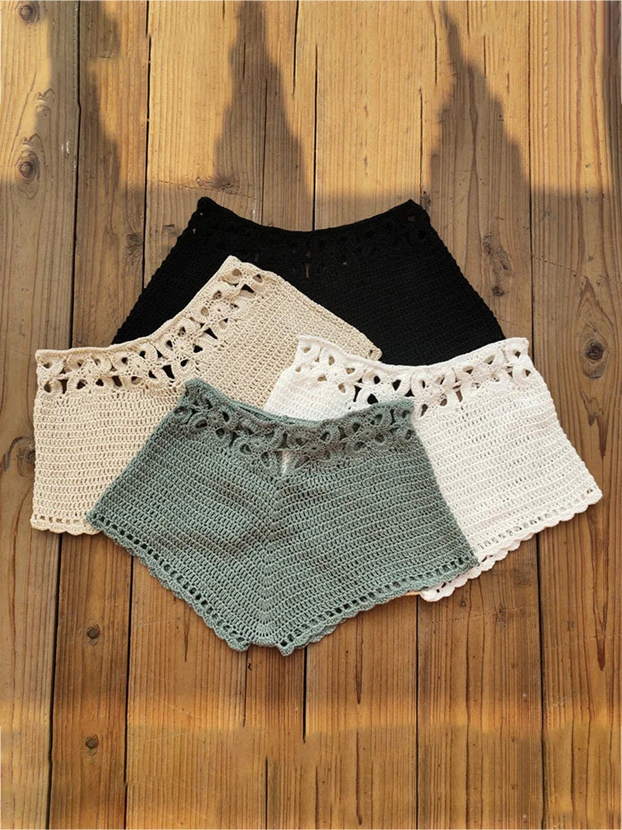 Pantaloncini da spiaggia da donna in maglia all'uncinetto con ritagli, pantaloncini da spiaggia estivi con coulisse, stile streetwear.