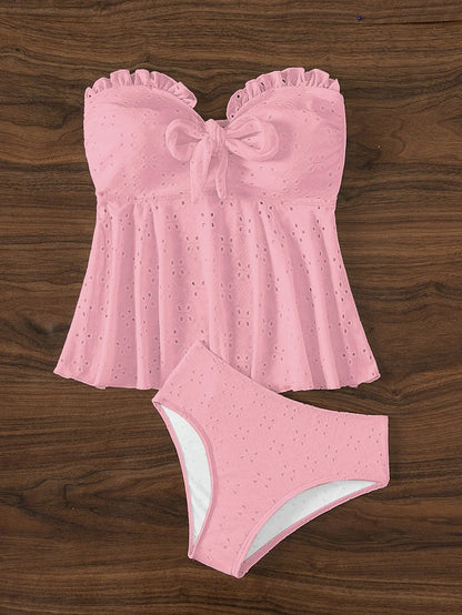 Bikini patchwork con fiocco, costume da bagno femminile con spalle scoperte, costume da bagno da donna con intagli, costume da bagno a vita alta tinta unita, bikini