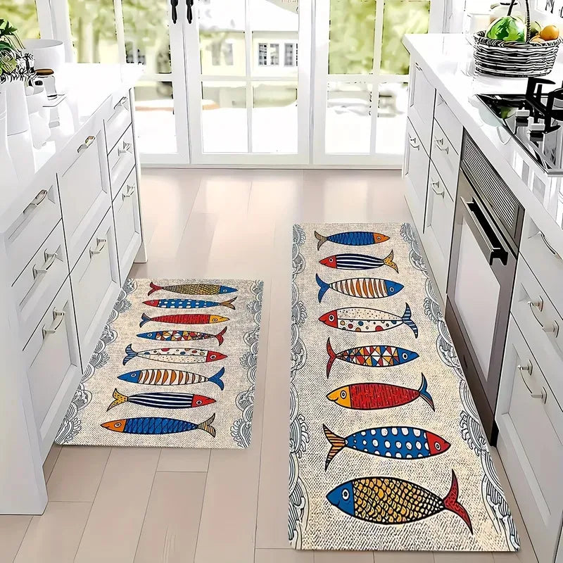 VIKAMA Little Fish Kitchen Two-Piece Flannel Rug Set Living Room & Bedroom Anti-Slip, Wear-Resistant, Stain-Resistant Floor Mat