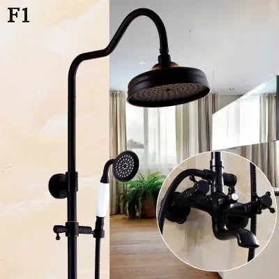 Bathroom Antique Black Painting Brass Lifting Column Wall Mount Shower Set 8" 3-Functions Hot Cold Rainfall Shower Mixer Tap