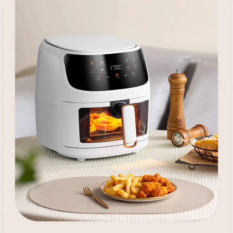 Nuova friggitrice ad aria ad alta capacità in acciaio inossidabile da 8 litri, forno elettrico domestico visivo, multifunzionale, senza olio, per la casa, nero, bianco e verde