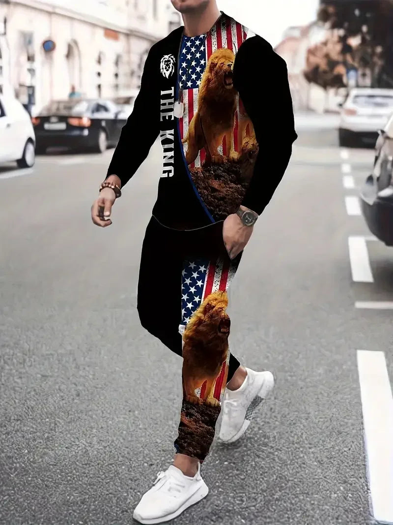 Popular Men's Long Sleeve T-Shirts Pants Set Fashion 3D Print Men Sportswear Man Clothes Street Tracksuit Jogger 2 Piece Outfits