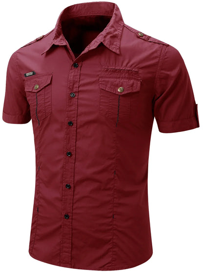 Camicia tattica militare estiva da uomo casual 100% cotone 2025, a maniche corte, tinta unita, con tasca
