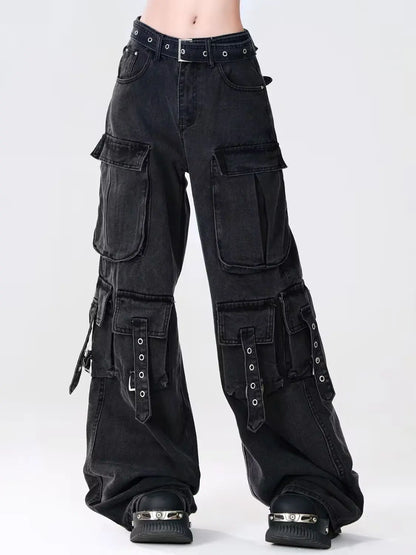 Women Y2k American Retro Mutil Pockets Cargo Jeans American Vintage Gyaru 2000s Aesthetic Grunge Jeans Straight Denim Pants