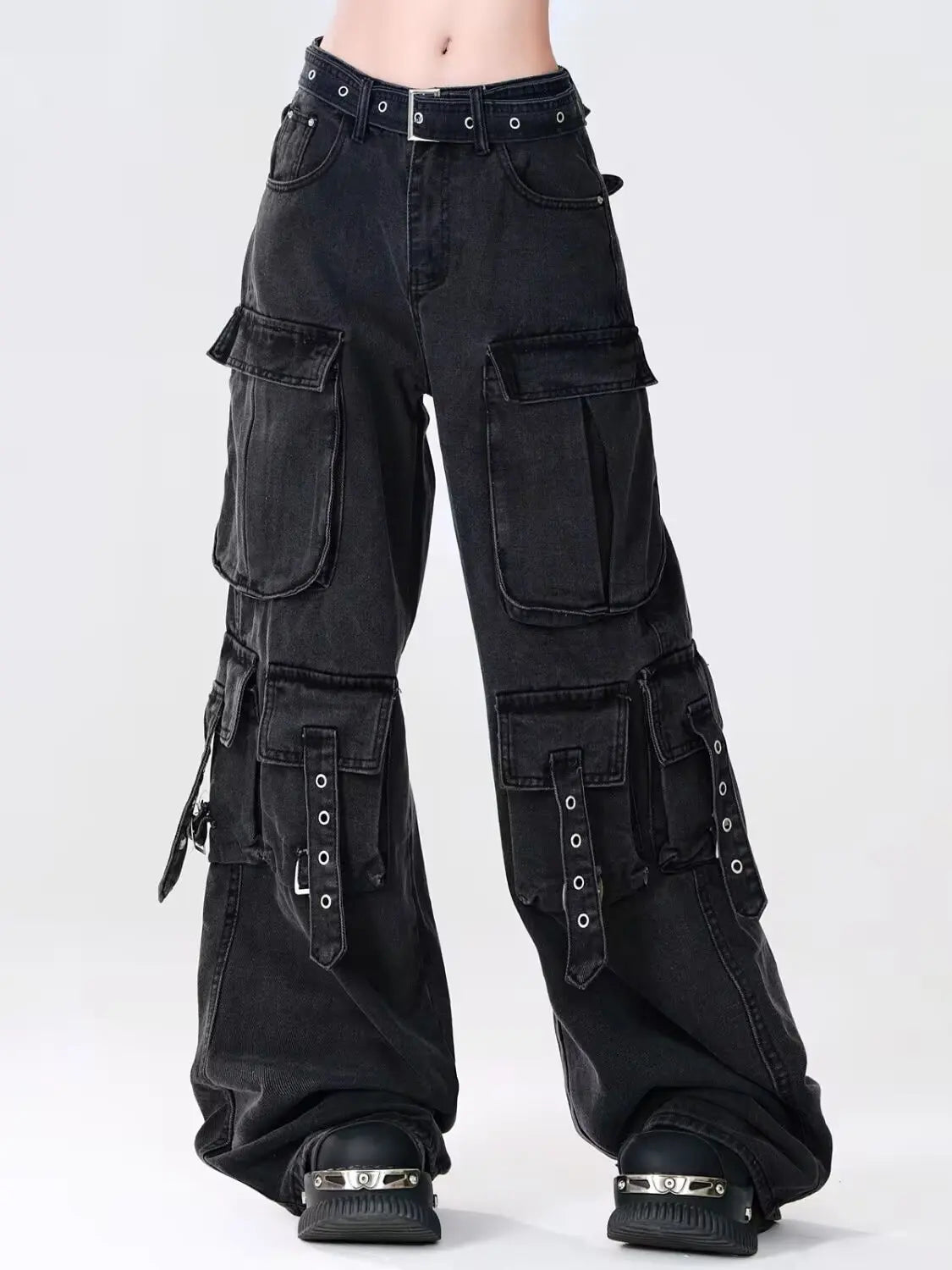 Women Y2k American Retro Mutil Pockets Cargo Jeans American Vintage Gyaru 2000s Aesthetic Grunge Jeans Straight Denim Pants