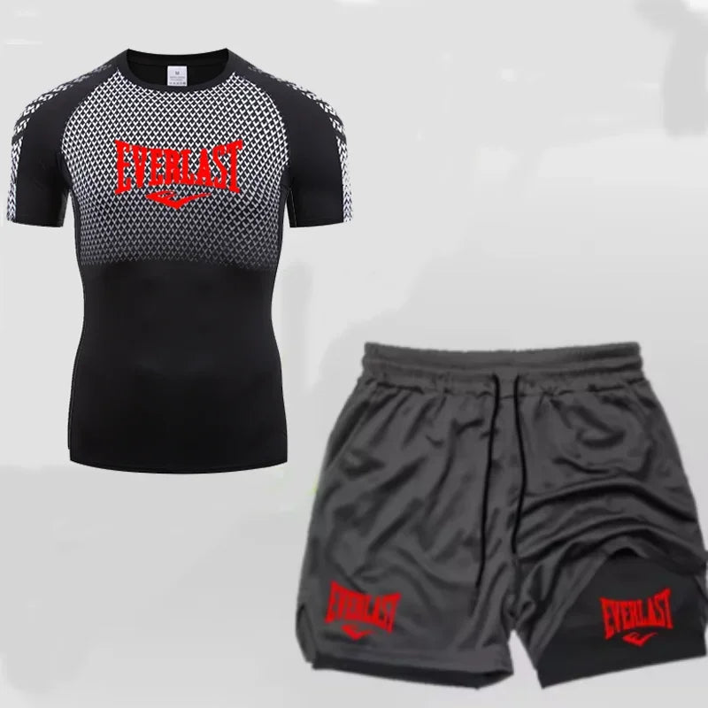 EVERLAST Maglietta a compressione da uomo + pantaloncini sportivi 2 in 1 Set 2 pezzi Tempo libero Traspirante Manica corta Sport Jogging Palestra Abbigliamento di marca Stampa