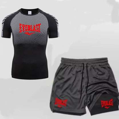EVERLAST Maglietta a compressione da uomo + pantaloncini sportivi 2 in 1 Set 2 pezzi Tempo libero Traspirante Manica corta Sport Jogging Palestra Abbigliamento di marca Stampa