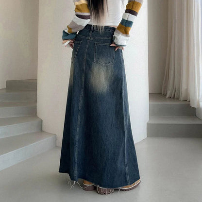 Vinatge A Line Denim Long Skirts Women 2026 Spring High Waist Midi Jeans Skirt Woman Korean Streetwear Loose Skirts Female