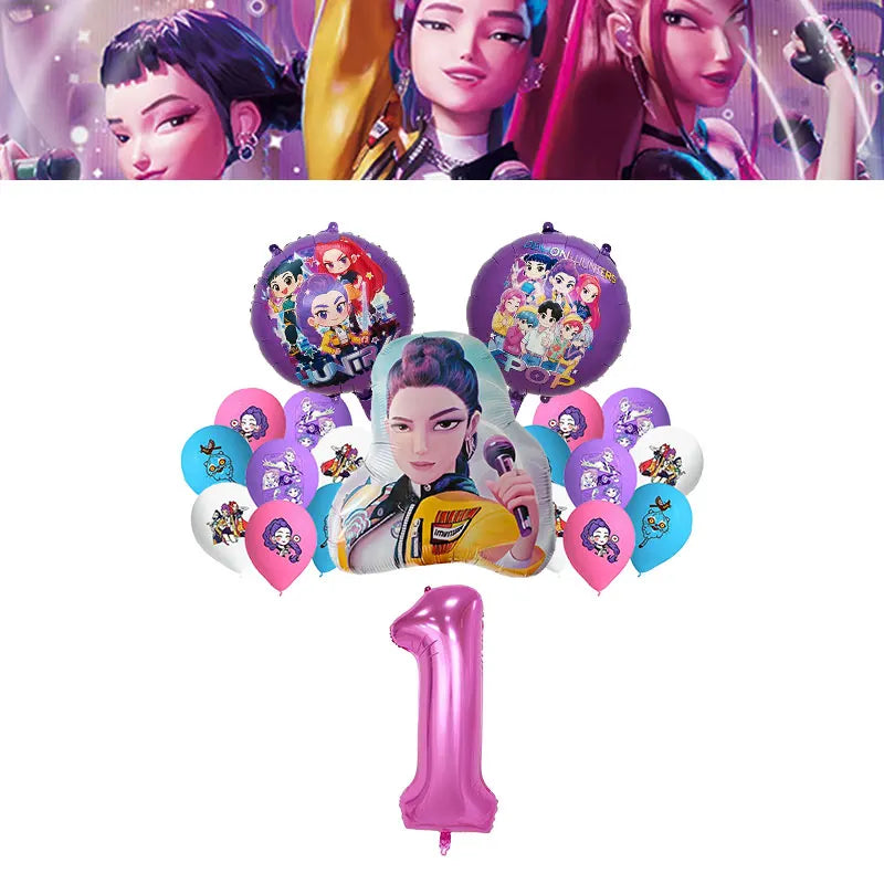 Kpop Demon Hunter Birthday Decoration Set Kpop Girl Cup Pate Happy Balloon Happy Banner Gift Bags Supplies for Kids Party Favors