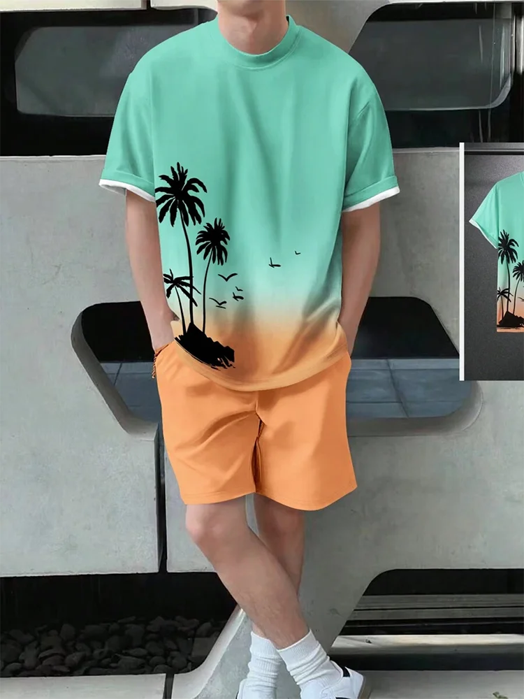 Completo estivo casual da uomo composto da 2 pezzi: pantaloncini a maniche corte con stampa hawaiana, t-shirt da uomo e pantaloncini da spiaggia per sport all'aria aperta.