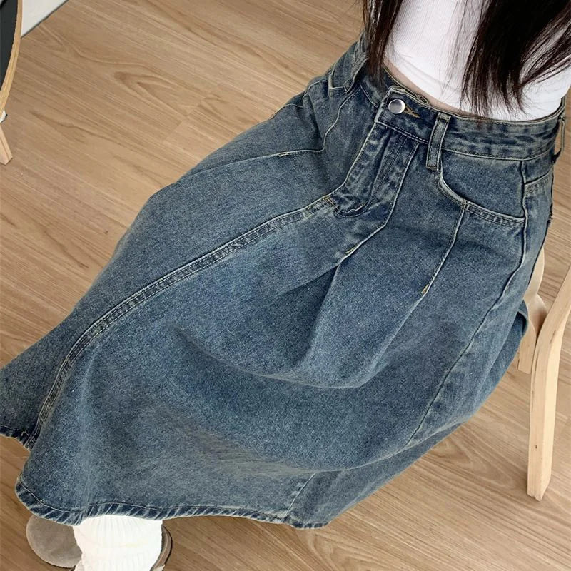Gonna in jeans a vita alta da donna, alla moda estiva, vintage, stile vintage, per ragazze, casual, stile coreano, lunghezza media.
