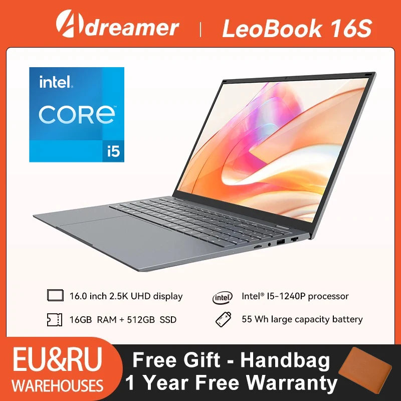 Laptop da 16 pollici con processore Intel Core i5, risoluzione 1240p, display IPS 2.5K, Windows 11, notebook portatile Adreamer, 16 GB di RAM, SSD da 1 TB.