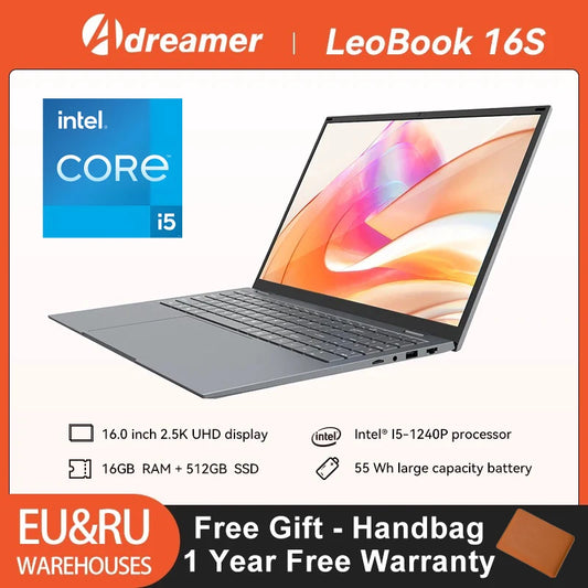 Laptop da 16 pollici con processore Intel Core i5, risoluzione 1240p, display IPS 2.5K, Windows 11, notebook portatile Adreamer, 16 GB di RAM, SSD da 1 TB.