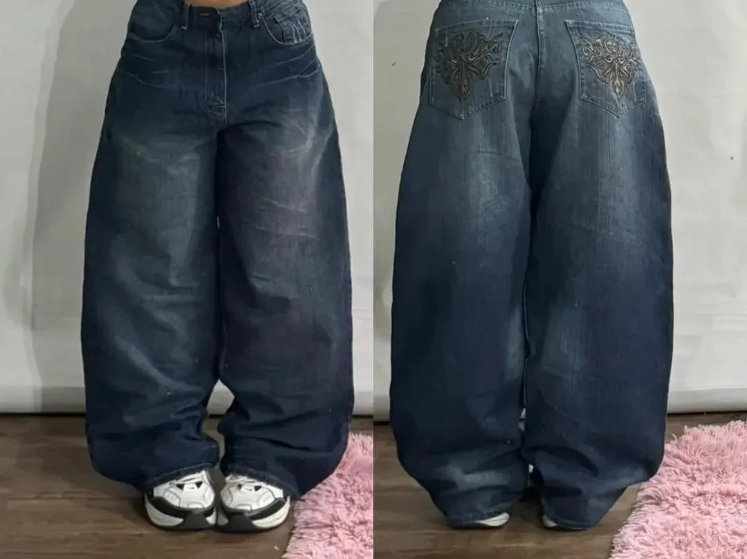 2024 New American Trend Retro Hip-hop Embroidery Pattern Baggy Jeans For Men And Women Y2K Harajuku Gothic Wide Pants Streetwear