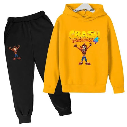 Completo per bambini con felpa con cappuccio e pantaloni a tema Crash Bandicoot, ideale per primavera e autunno, taglie 3-13 anni, abbigliamento casual per bambini e bambine.