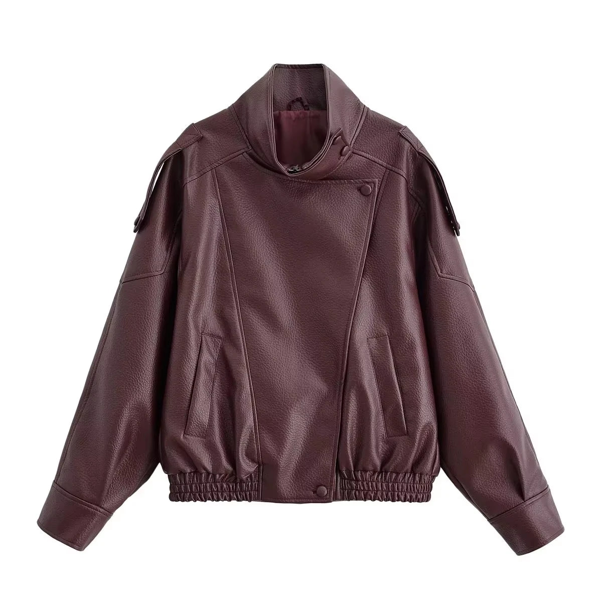 HH 2026 Giacca da donna alla moda in pelle sintetica nera con collo alto, maniche lunghe e cerniera, stile vintage, giacca in pelle sintetica stile streetwear