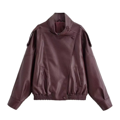 HH 2026 Giacca da donna alla moda in pelle sintetica nera con collo alto, maniche lunghe e cerniera, stile vintage, giacca in pelle sintetica stile streetwear
