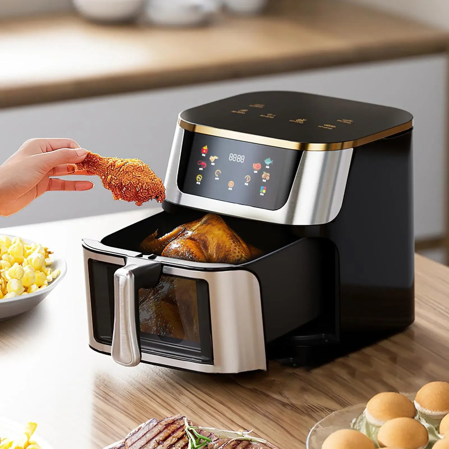 Friggitrice ad aria elettrica ad alta capacità visibile in acciaio inossidabile da 8 litri, forno ad aria multifunzione, touch screen a LED, alta temperatura a 210 °