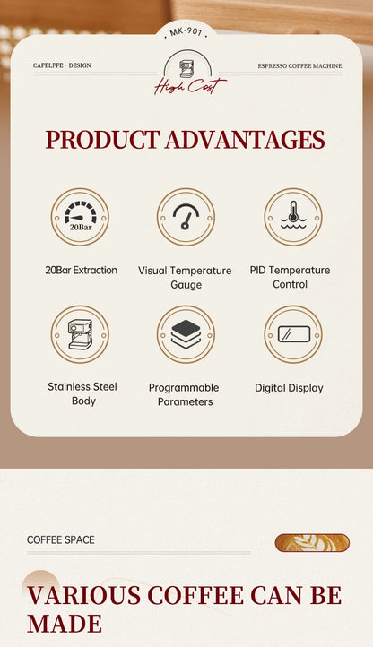 Macchina per caffè espresso Cafelffe 20 bar, macchina per cappuccino con montalatte e lancia vapore, macchina per caffè, regalo Cafetera semi-automatica