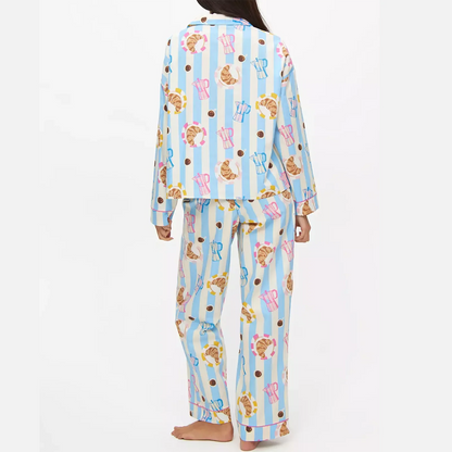 Set da notte da donna Hirigin in 2 pezzi con motivo stampato, manica lunga, pantaloni larghi e camicia da notte per l'autunno e l'inverno