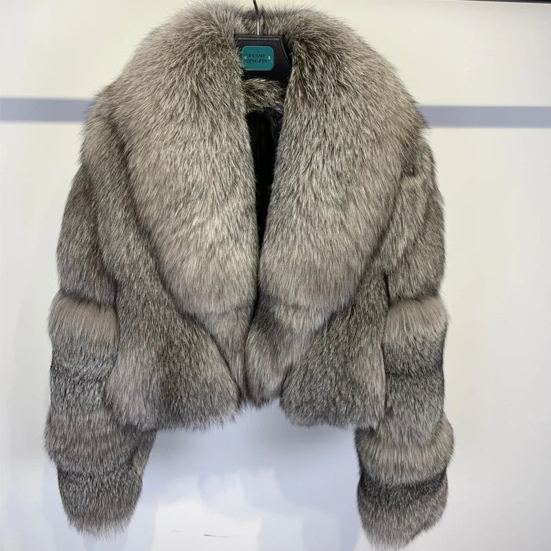 # Giacca in pelliccia di volpe dorata da donna, cappotto corto in vera pelliccia di volpe, manica lunga, in tessuto di pelliccia naturale con colletto