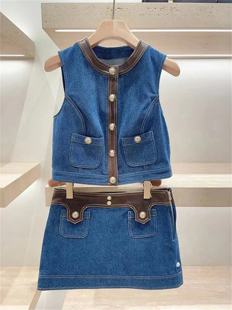 Women's Denim Patchwork Leather Round Neck Sleeveless Vest A-Line Short Skirt Set Women's 25 Early Autumn New Item
