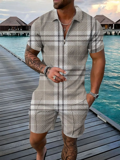 Completo estivo vintage casual a righe con stampa 3D, composto da polo, polo con cerniera e colletto, pantaloncini con cerniera, stile vacanze hawaiane da uomo.