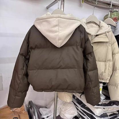 Autumn Winter New Fake Two Pieces Splicing Cotton Jacket Women Cotton-Padded Thick Warm Parkas Short Coat Female Casual Lady Top