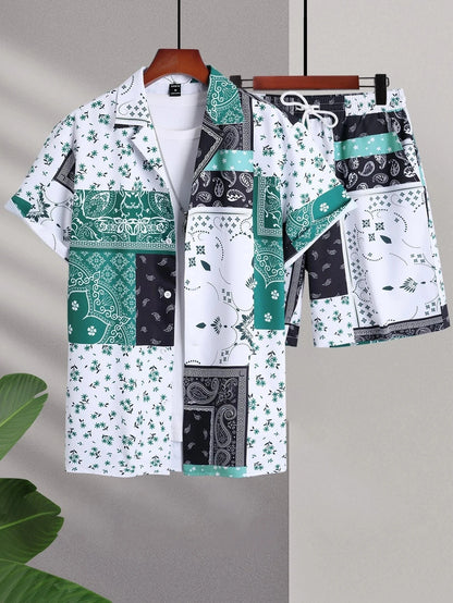 Completo uomo 2024 con stampa patchwork, risvolto, maniche corte, camicia casual, pantaloncini da spiaggia, abbigliamento streetwear estivo, vacanze, completo hawaiano, taglie S-5XL.